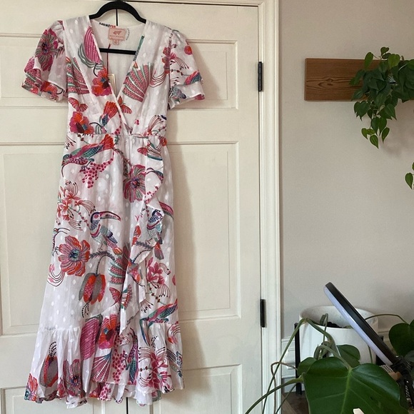 Banjanan Dresses & Skirts - Banjanan Palak Dress Tropical Bird Print XS NEW Birdie Print White Dobby Revolve